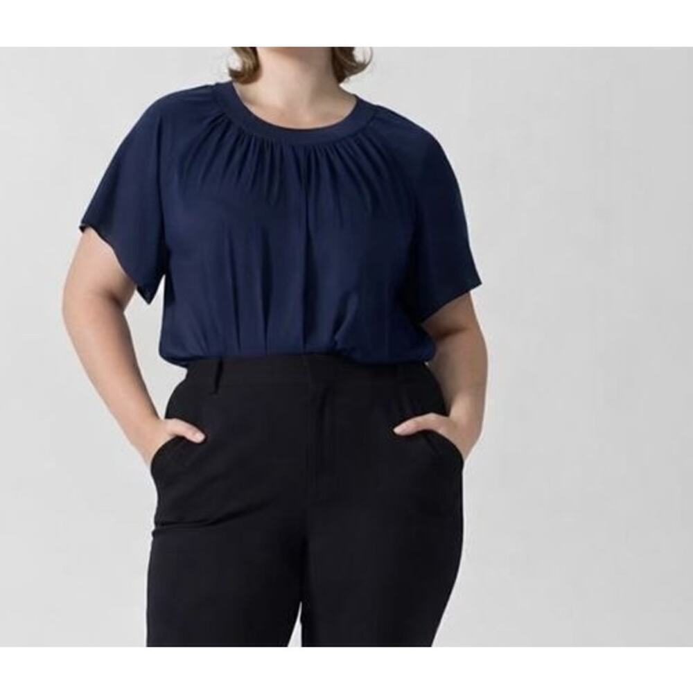 NWT Universal Standard Eros Shirt Sleeve Shirred Neck Top Blouse Navy Blue 4XS 0